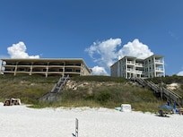 View from beach where we found umbrella/chair rentals (east of the walkway to the beach)