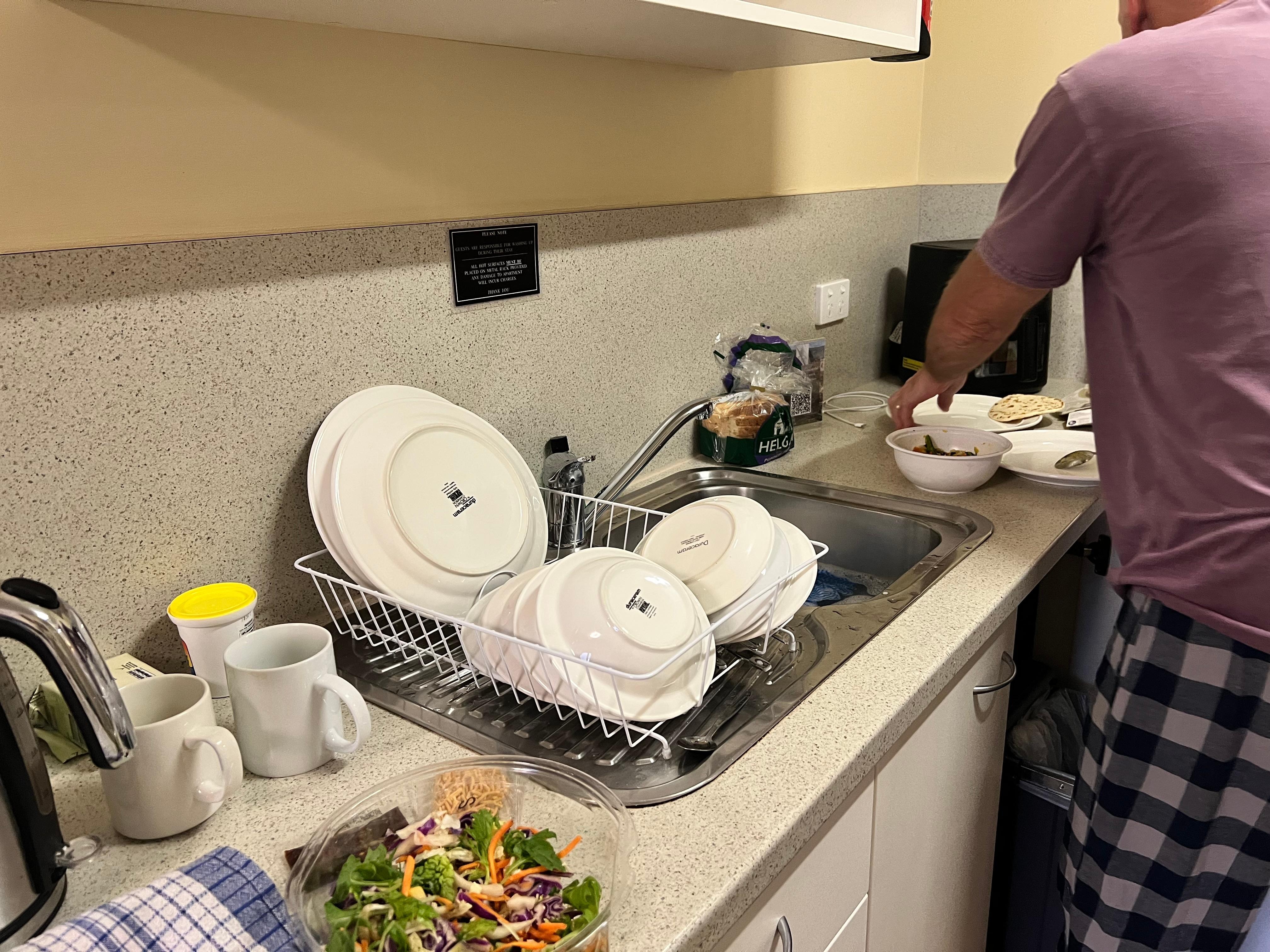 We cleaned cupboards, cutlery and crockery before use.