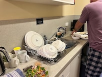 We cleaned cupboards, cutlery and crockery before use.