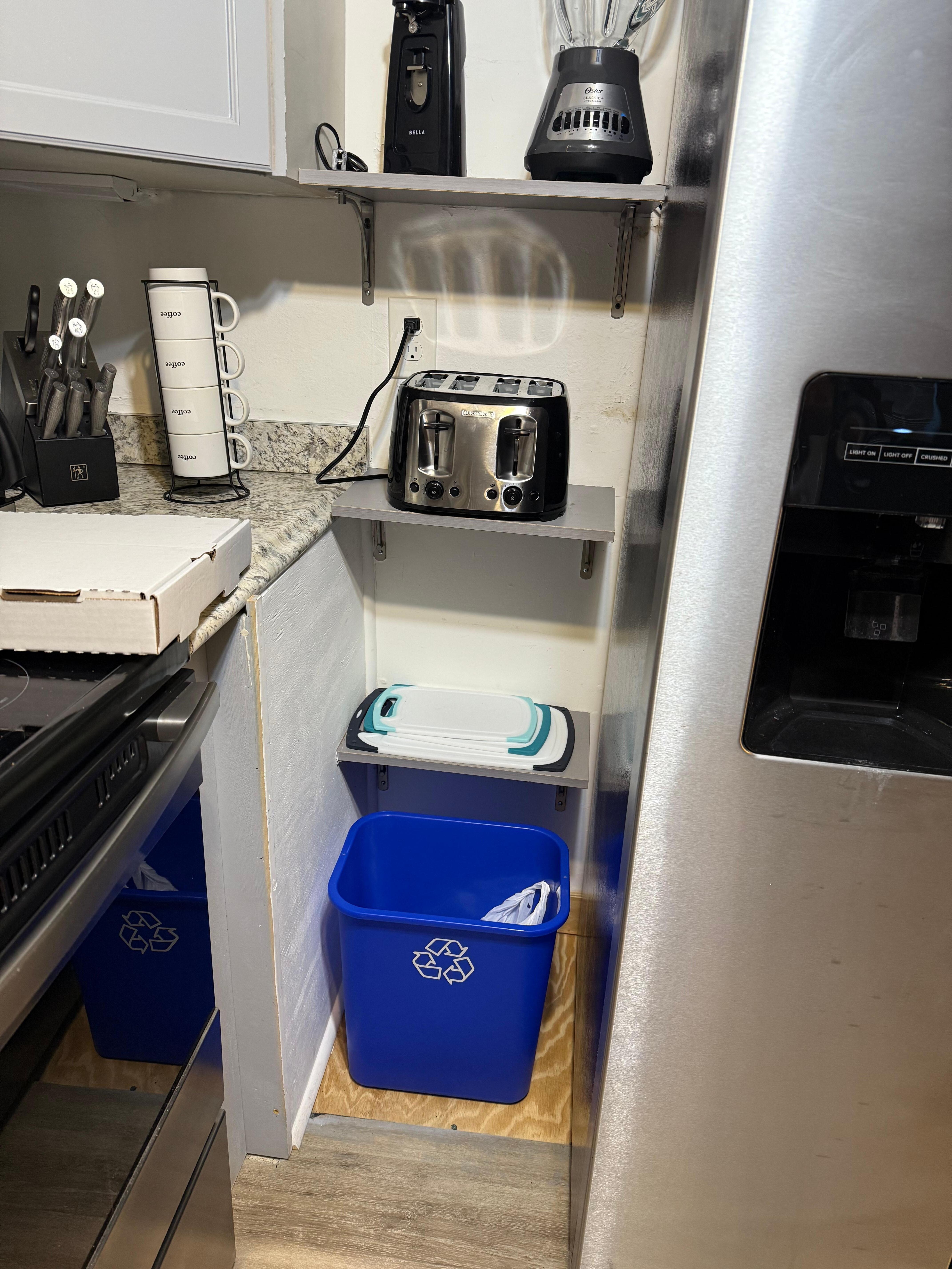 No pantry and plywood floor.