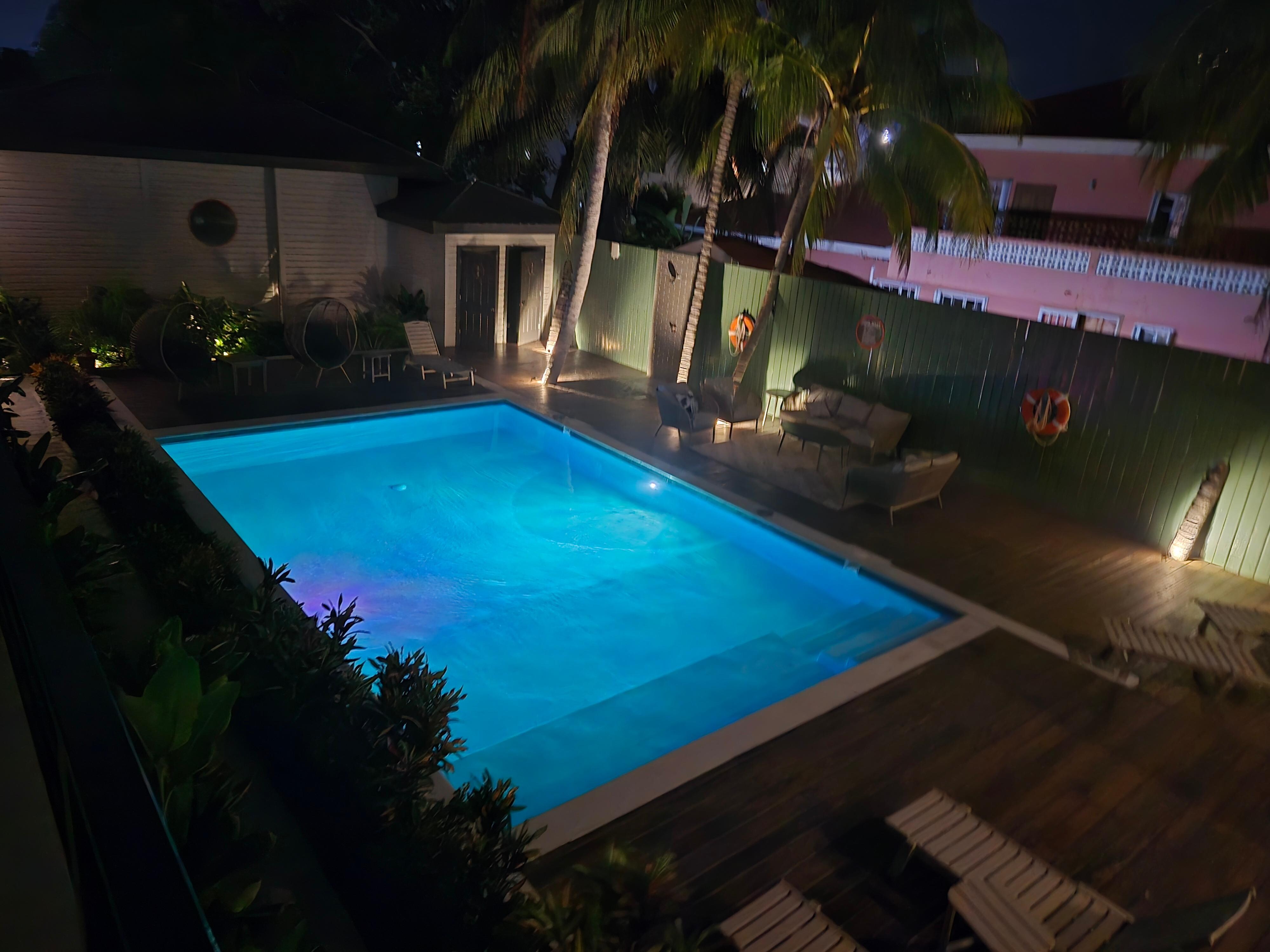 View from patio at night.