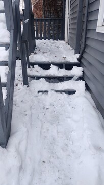 Unshoveled stairs and doorway to get in.