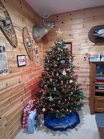 Christmas tree in basement game area