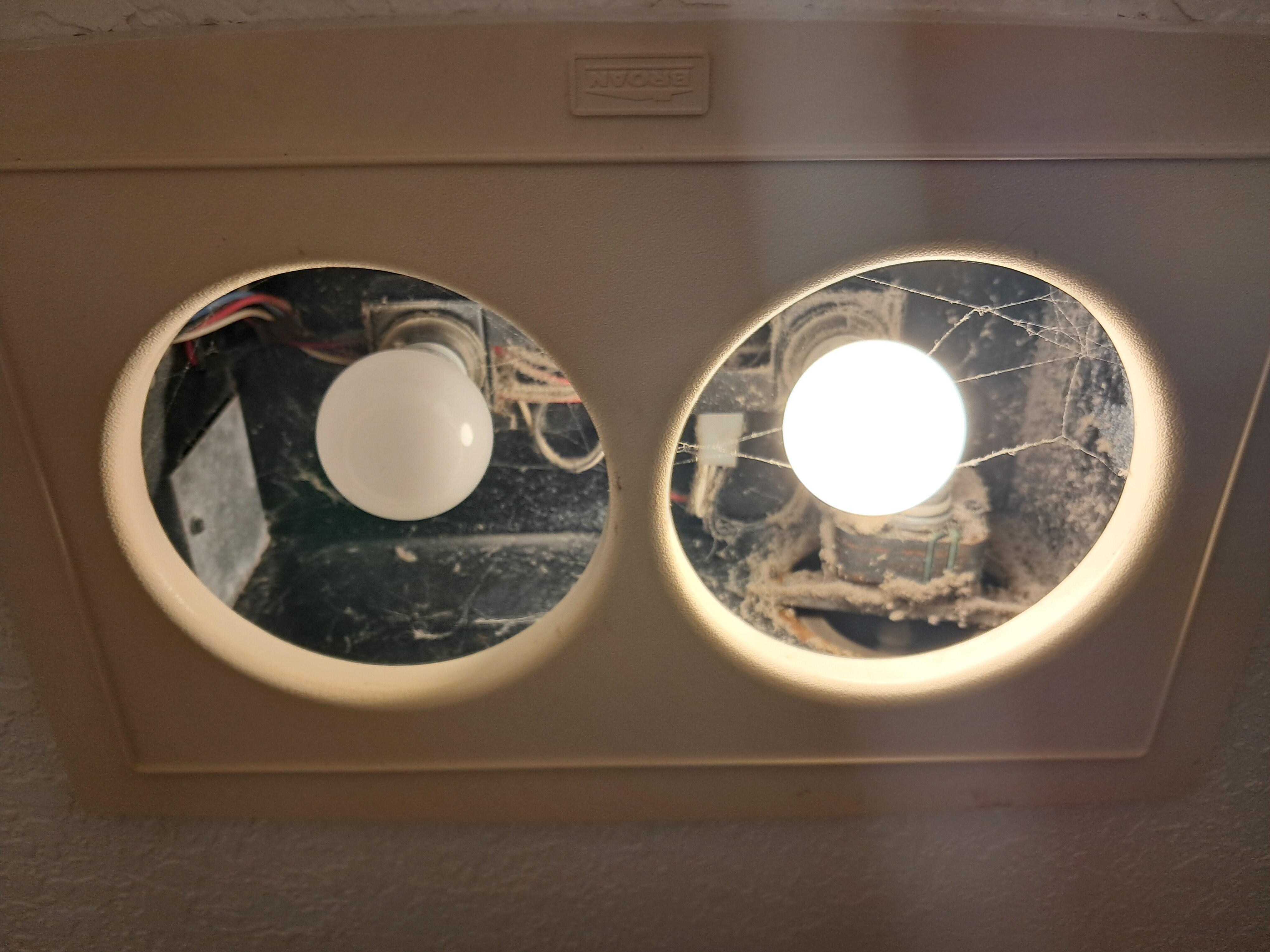 Bathroom ceiling fan.  Wrong bulbs and so mand cobwebs.  Cobwebs were also around doorways and around windows.