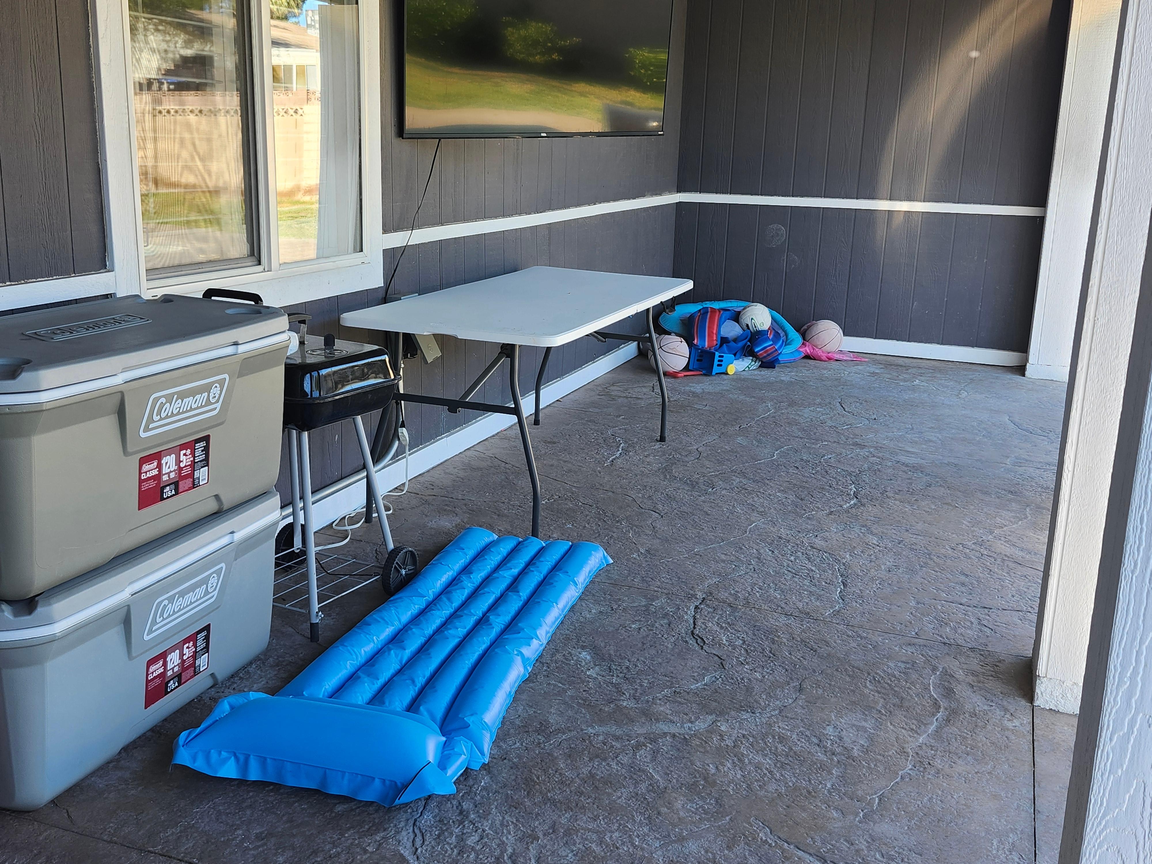 Pool toys on ground upon arrival