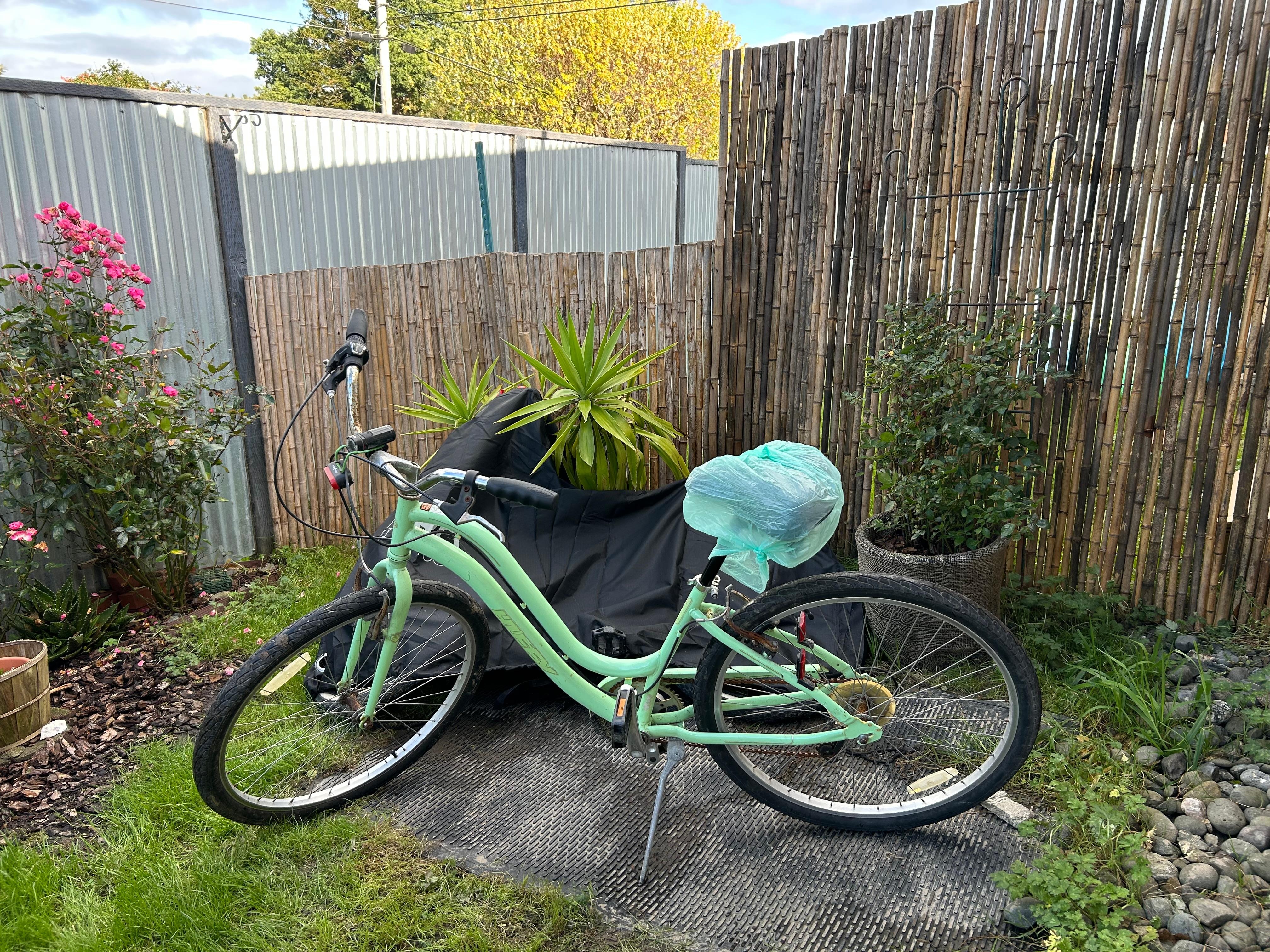 I put a garbage bag on the seat so it wouldn’t get wet. It has gears.
