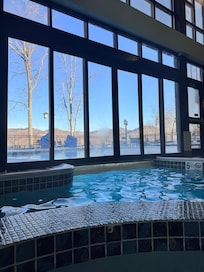Winter view at the pool/hot tub. Hoping they have plans to give the area a renovation and scrape all the green mold off the window sills. They were covered.