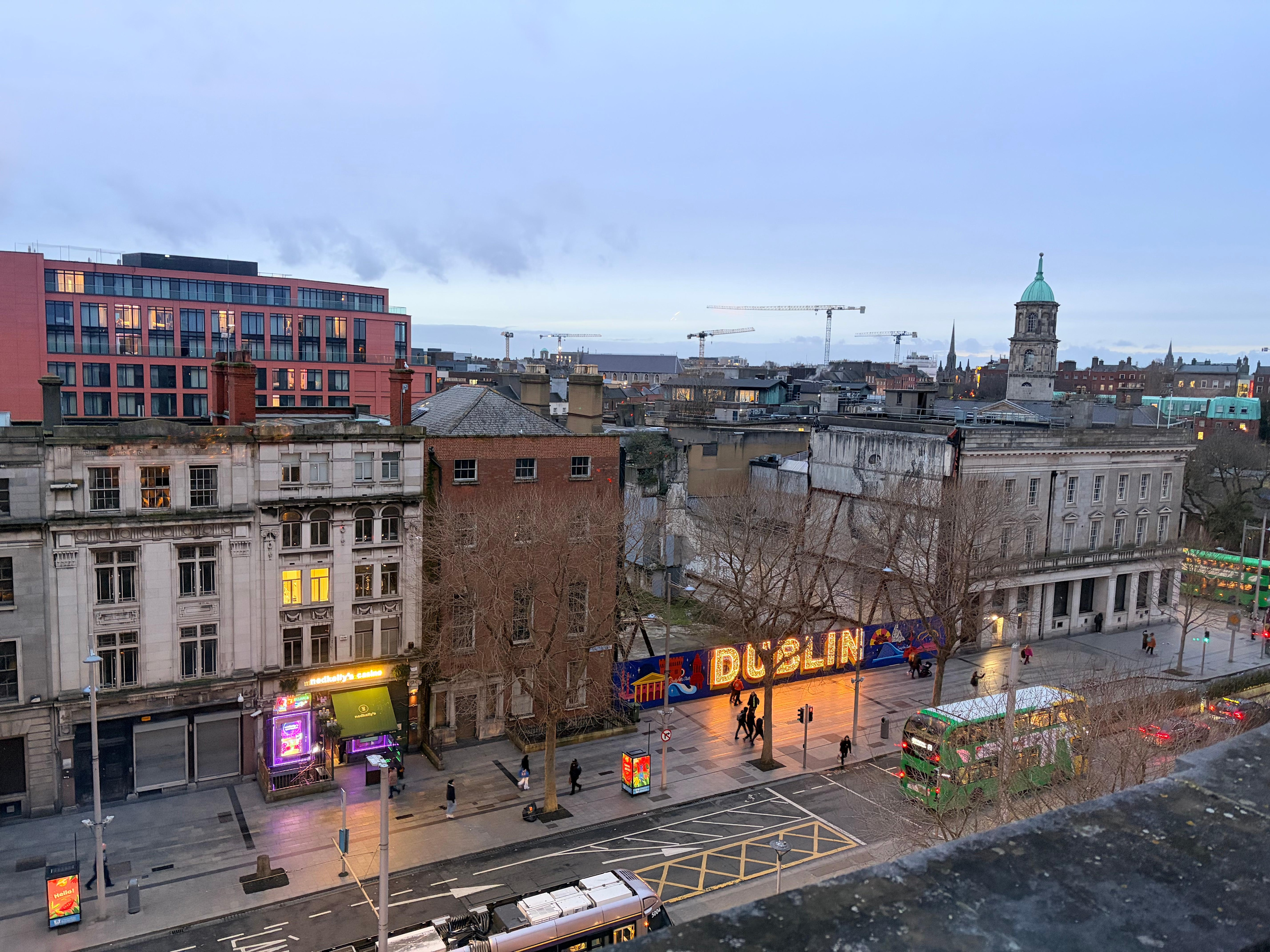 A view towards the Rotunda Hospital from the room onto O'Connell Street.