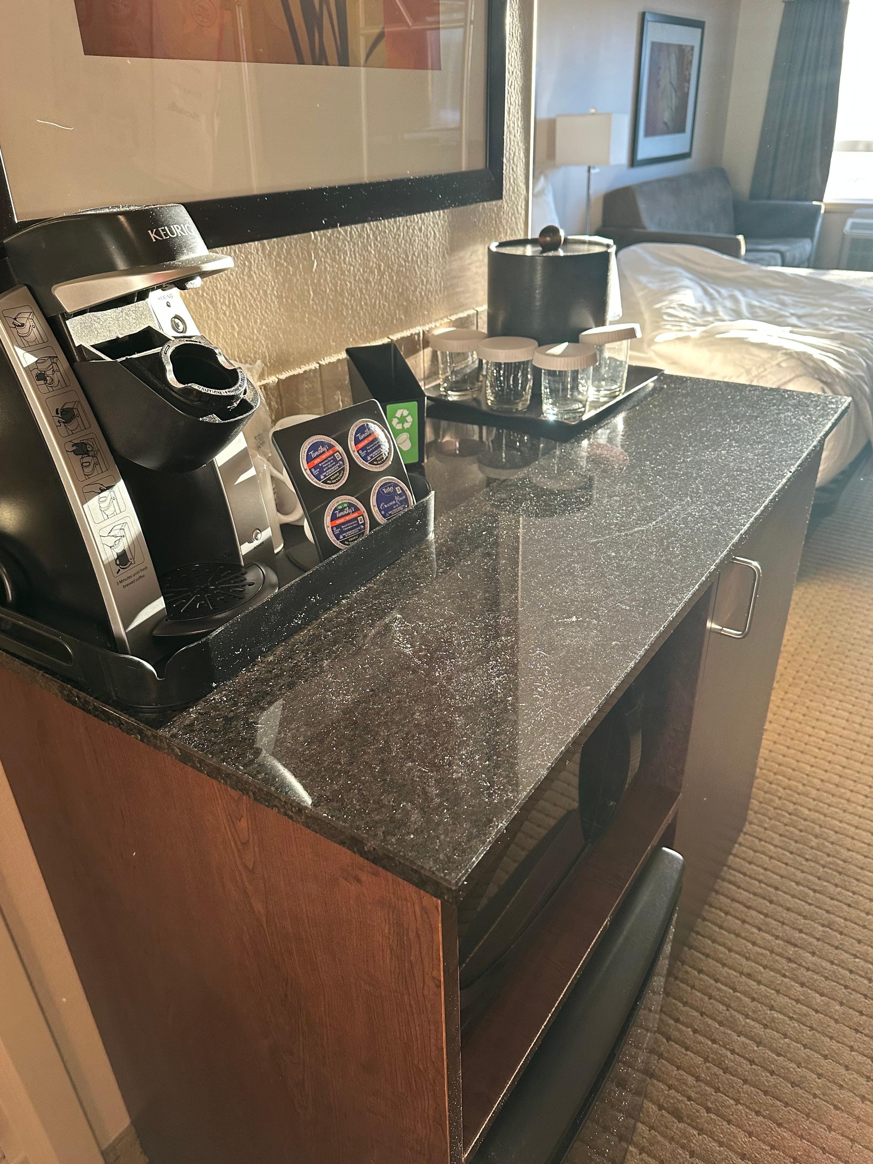 Dusty surfaces, ice bucket was also super dirty 