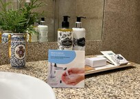 Nice amenities, although the admonition to not wash hands thoroughly puzzled me.