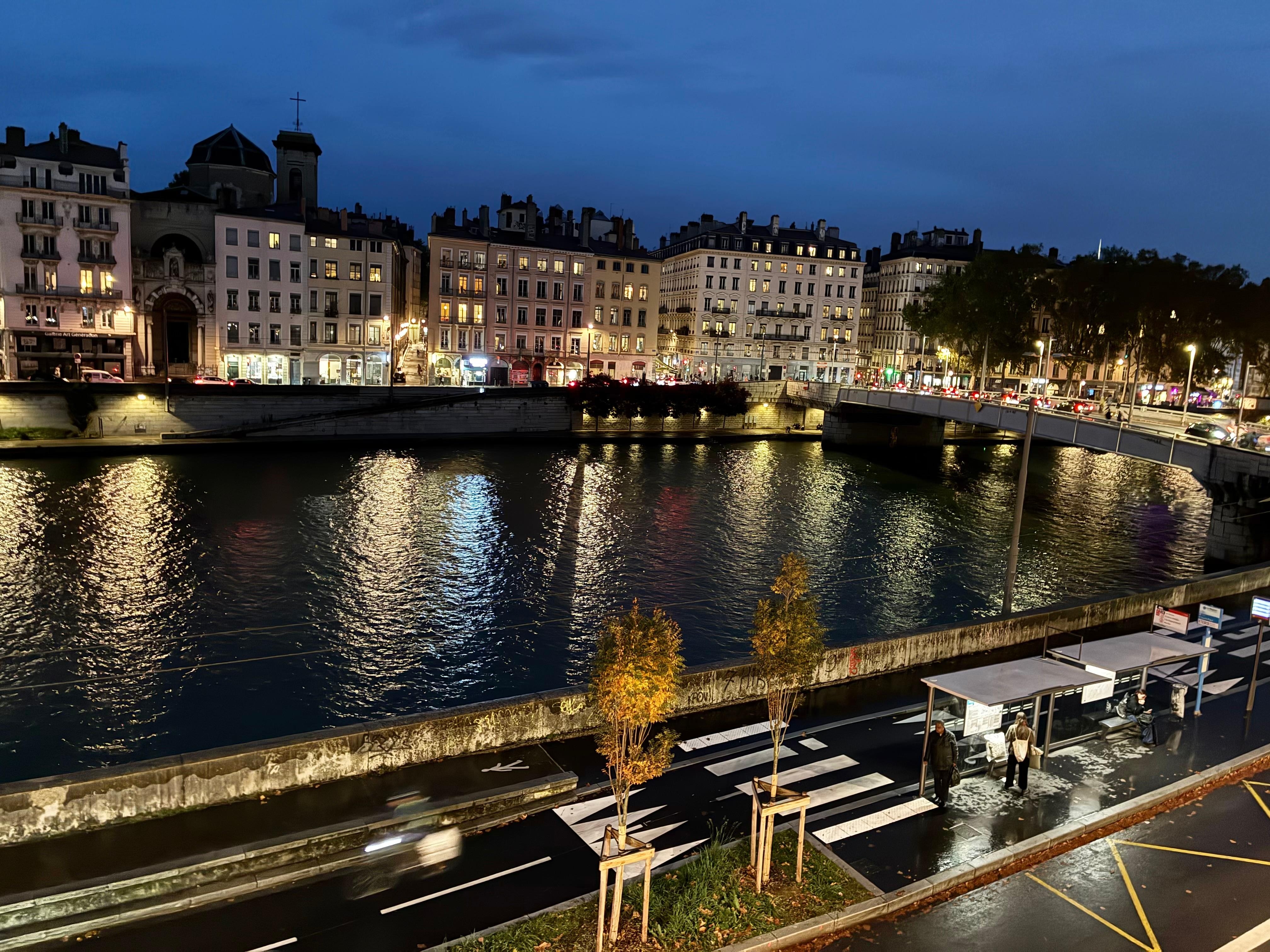 Night view from my room overlooking the Saone River.