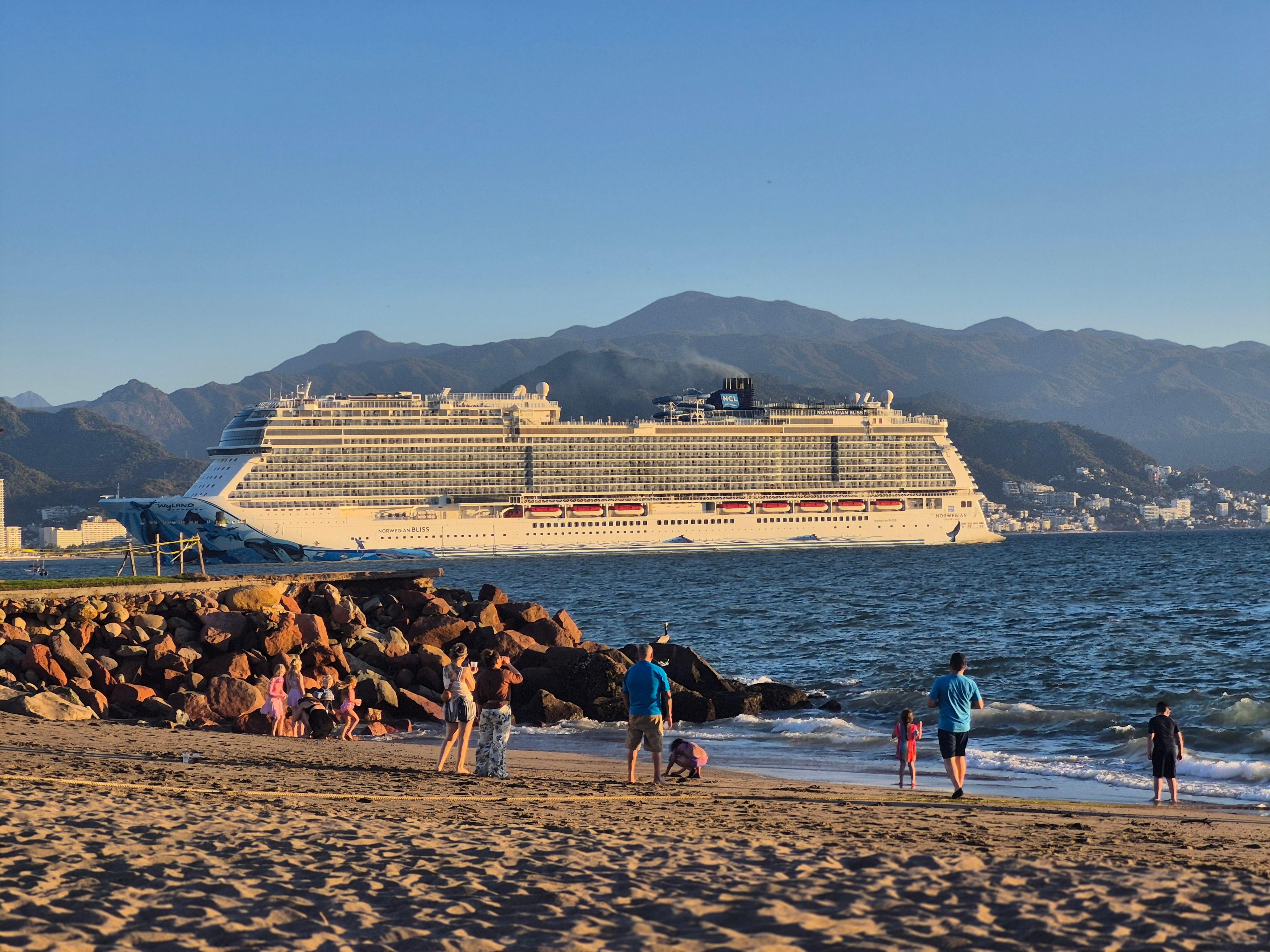 The beach where you can see cruiseships depart and arrive.