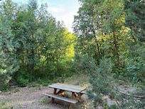 Picnic table by cabin