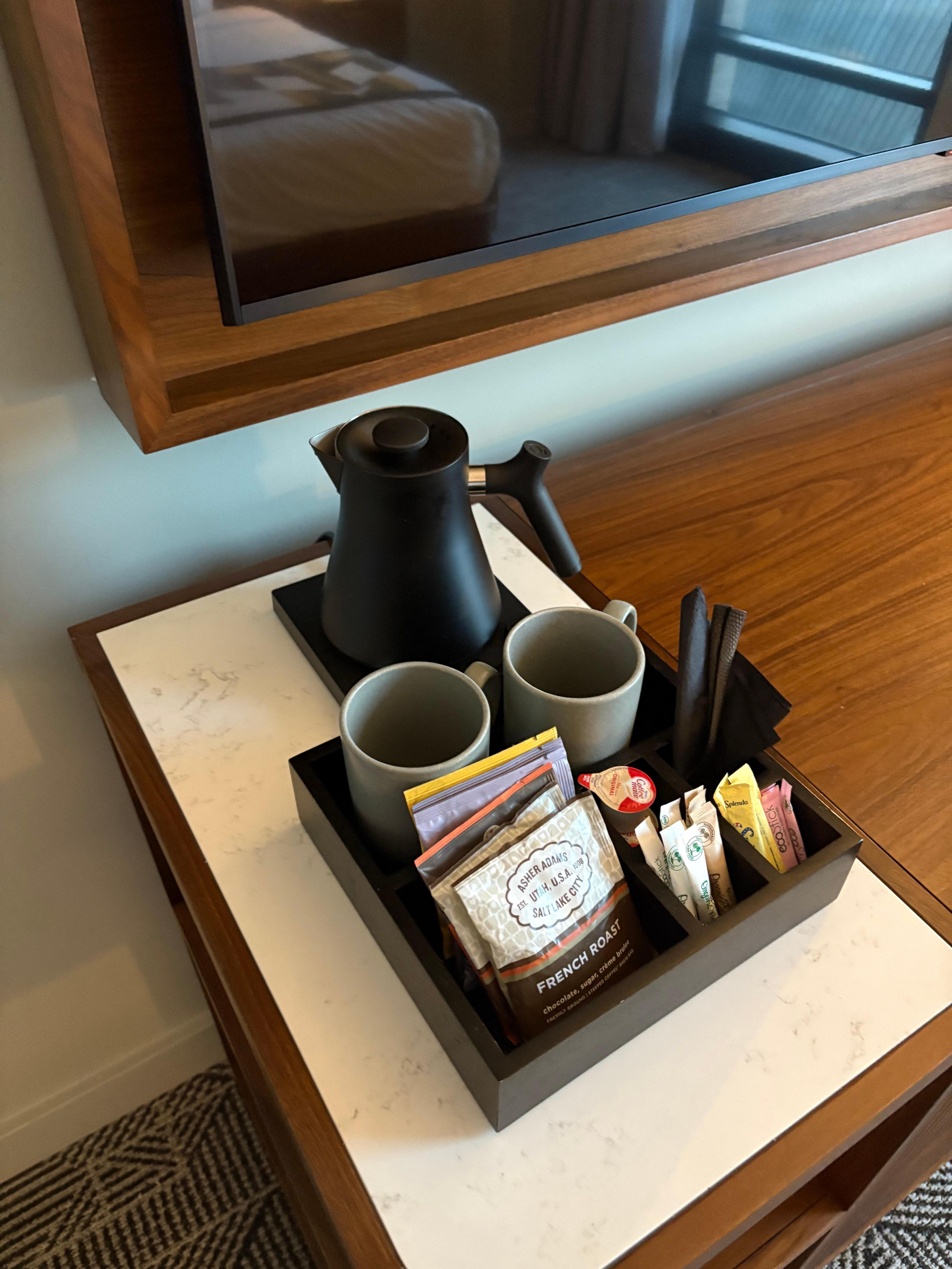 Fancy water heater, tea and coffee. With a real spoon. I thought that was a nice touch. lol.
