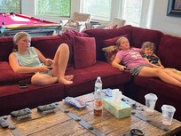 Cousins watching a movie upstairs