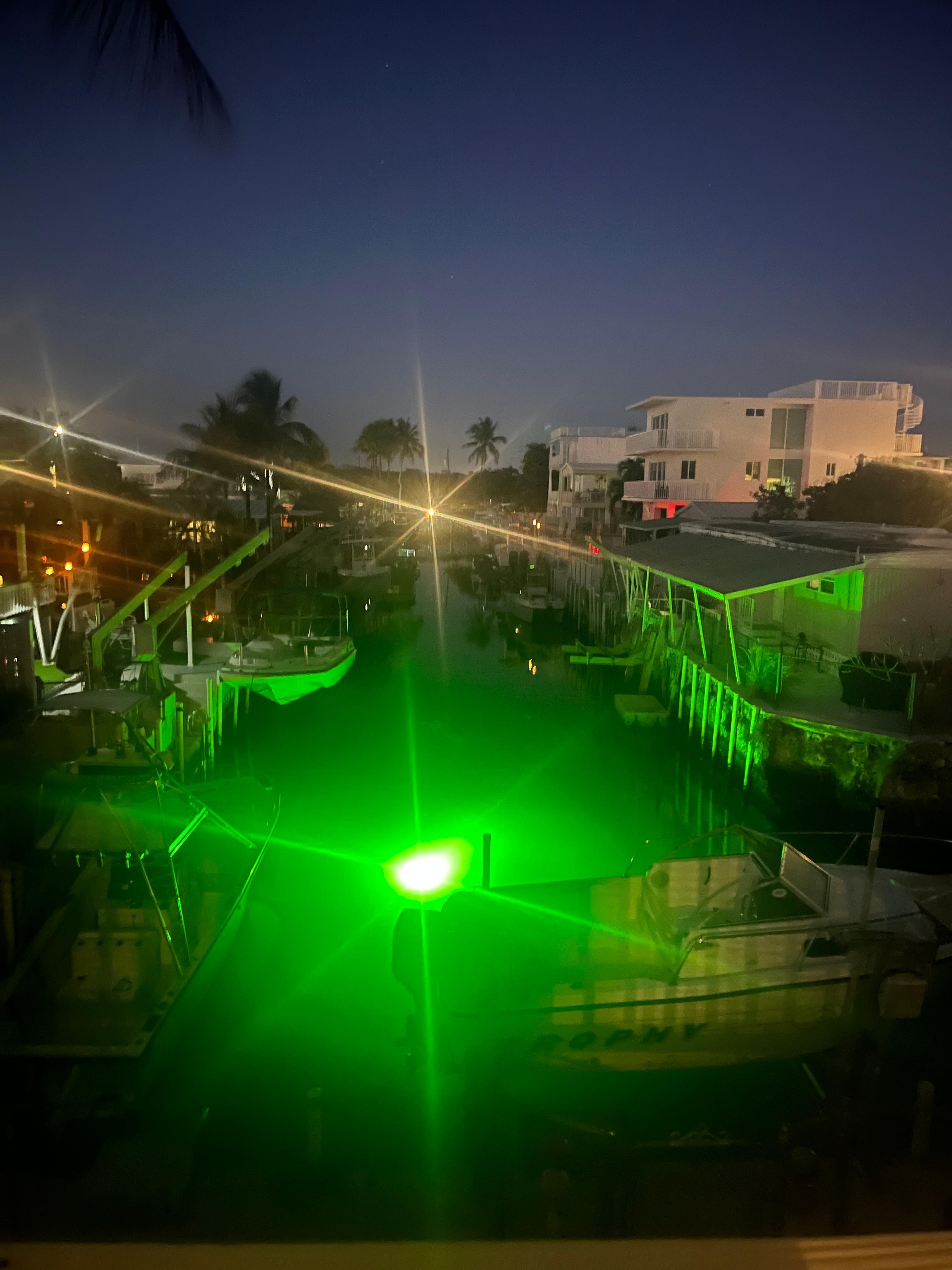 The canal lit up at night from the back patio! 