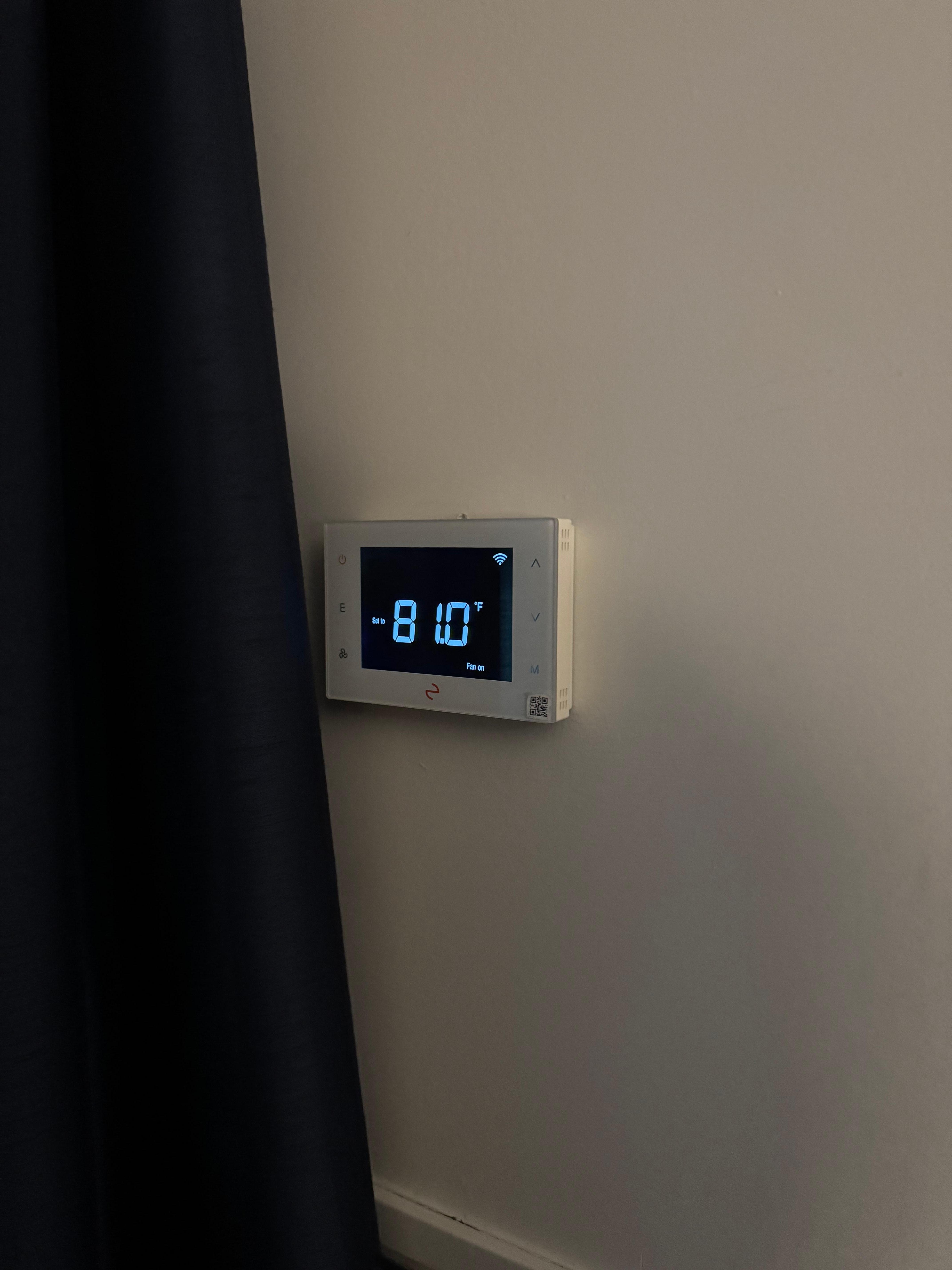 81 degrees on thermostat when we walked in the room, but it was broken and actually below 50 degrees ferenheit in the room.
