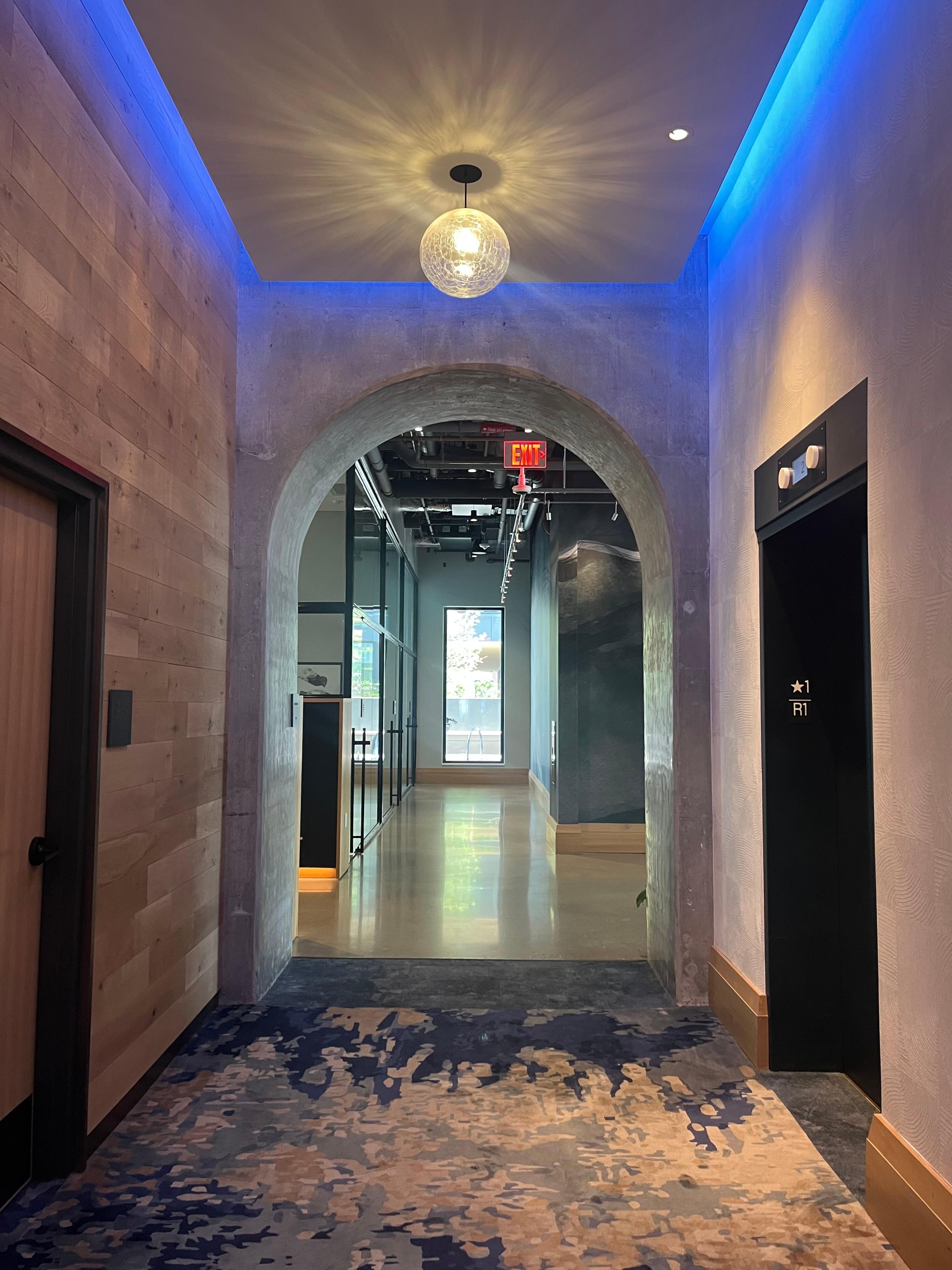 Elevator bank on the main floor