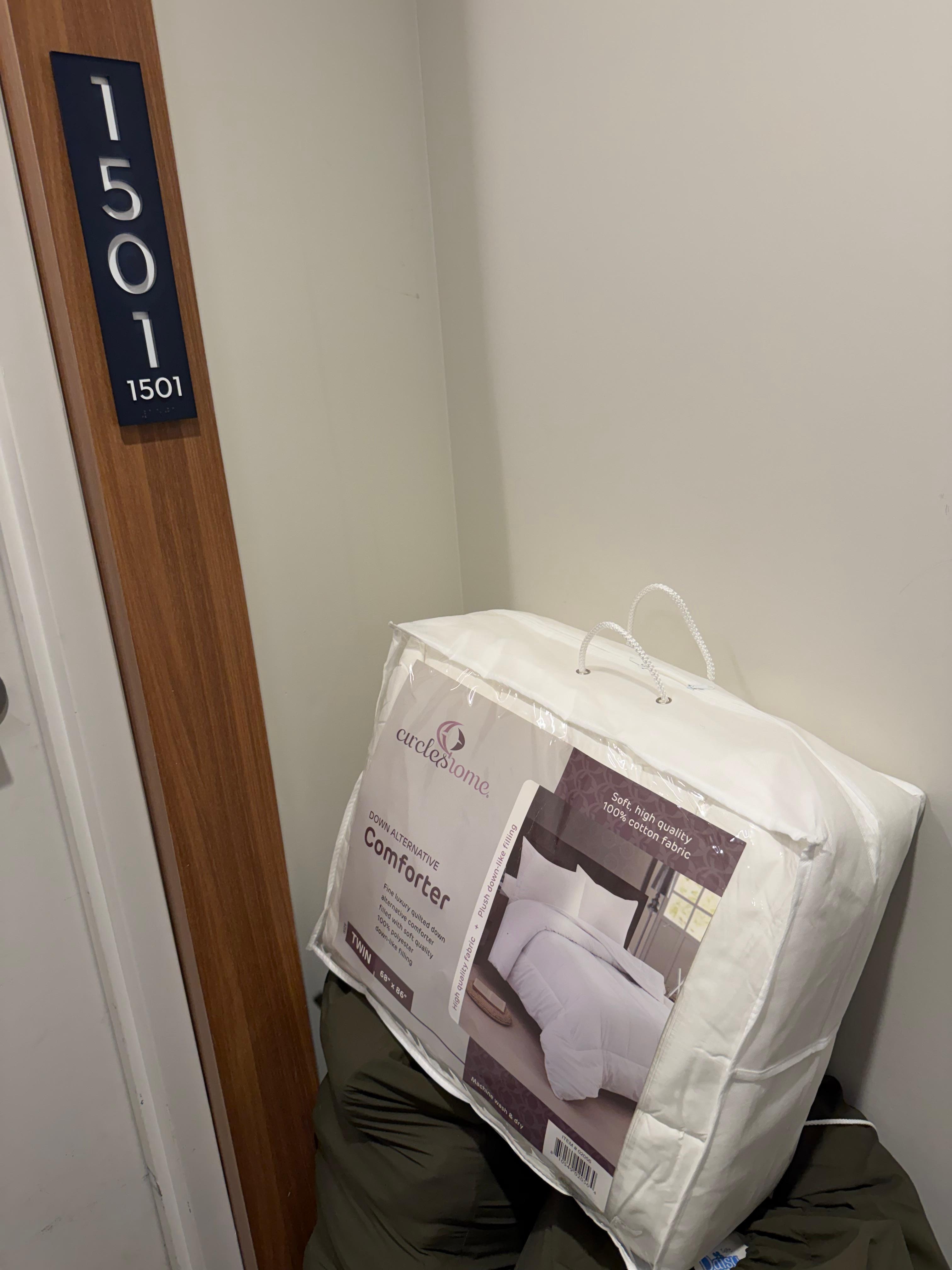 Comforter finally delivered but as we were checking out.  Too late.