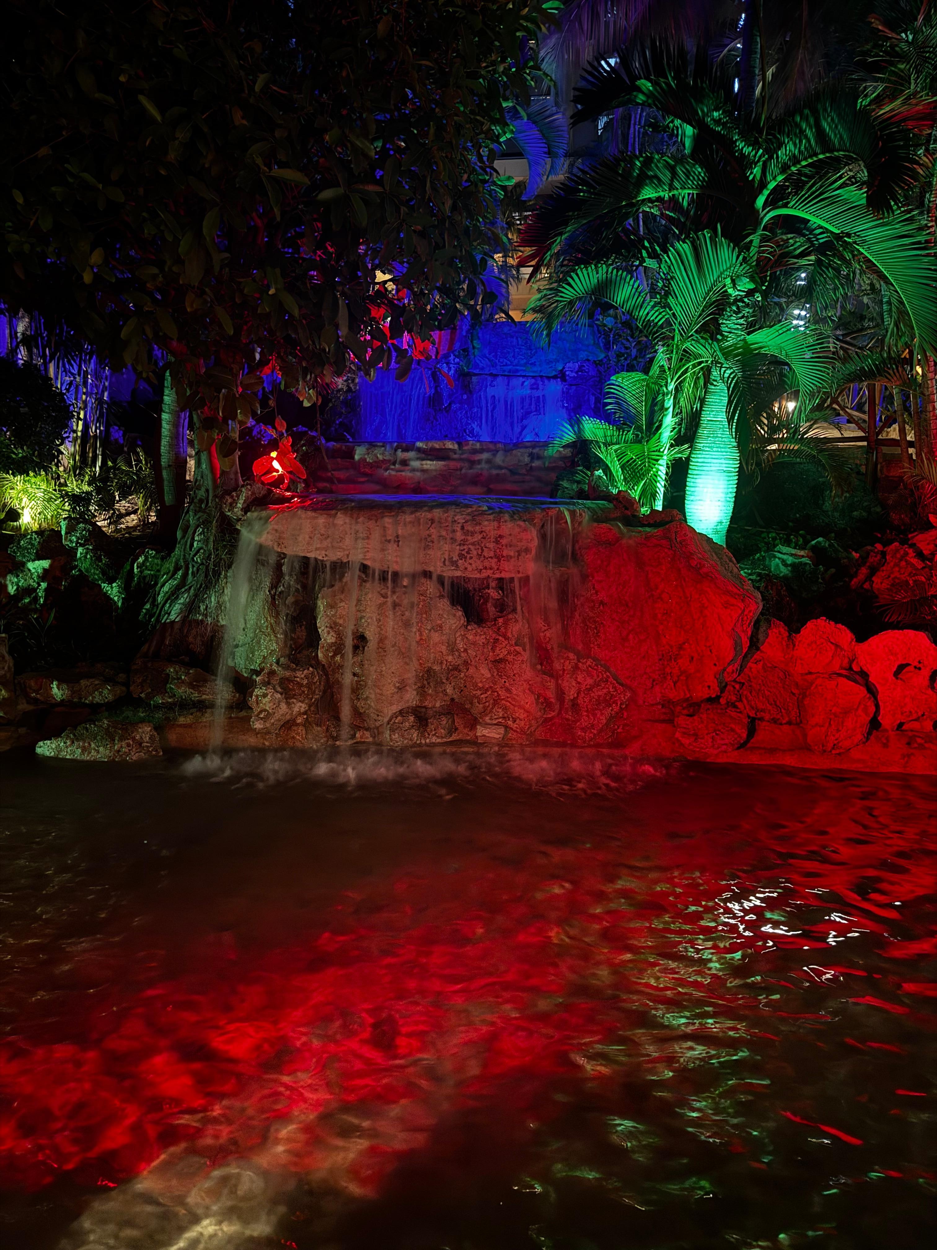 Beautiful waterfall in front of hotel 