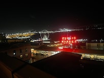 View from the terrace looking toward the Big Wheel. Fire pits were on and plenty of seats. Looks right over the market.