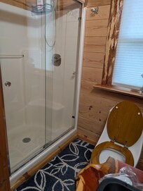 Nice size shower with wonderful shower head and plenty of water pressure.