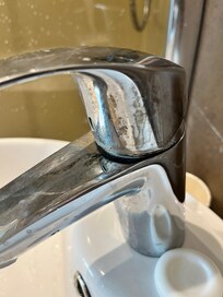 Badmülleimer und Armaturen dreckig und in schlechtem Zustand