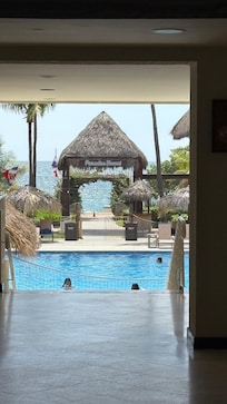 Hotel entrance and pool area