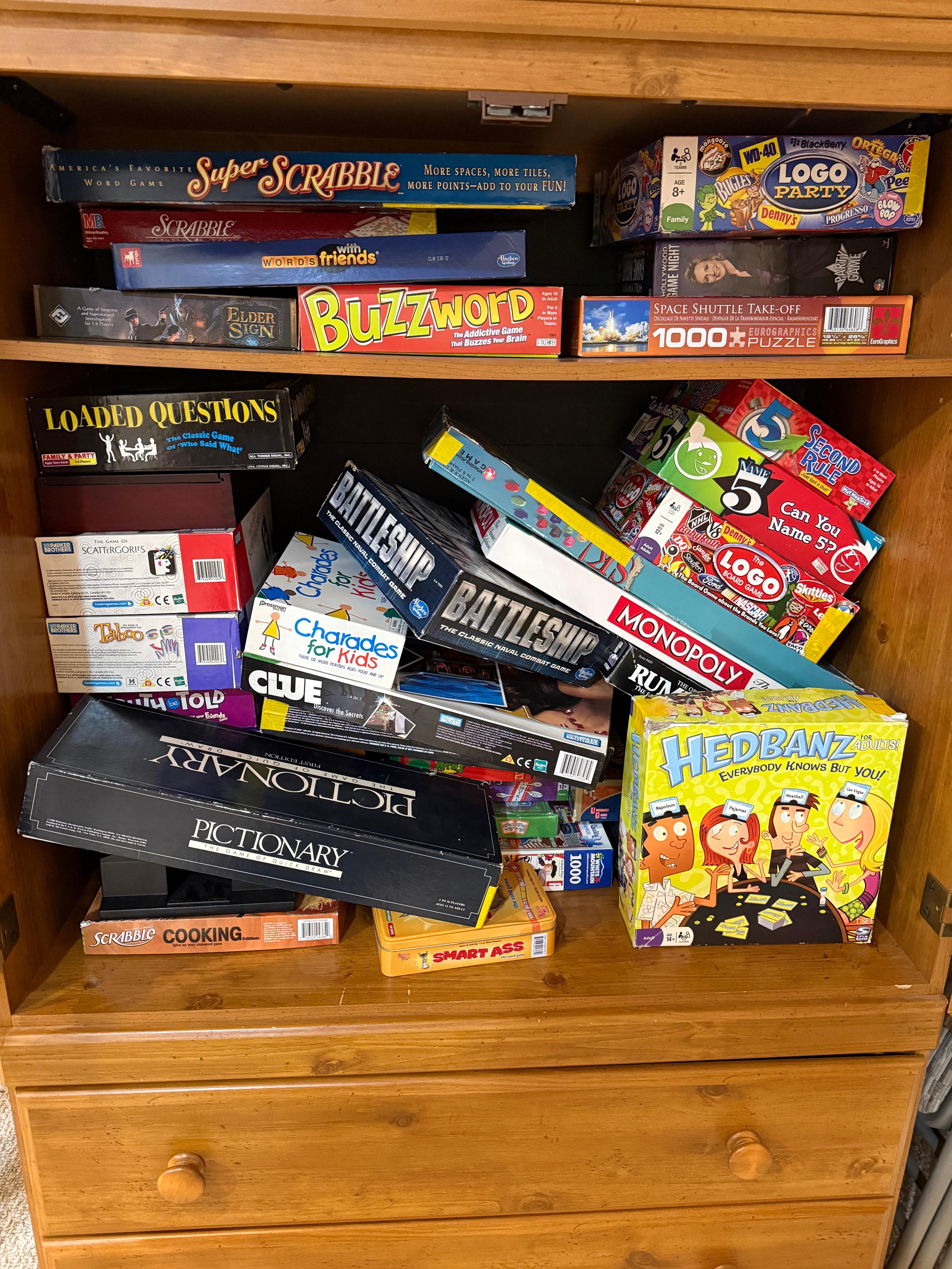 The basement has a cabinet full of games