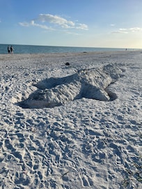 40’ alligator or iguana built on beach in front of Compss Point. Contributed a small study shovel to the unit’s storage closet for future sand sculptors