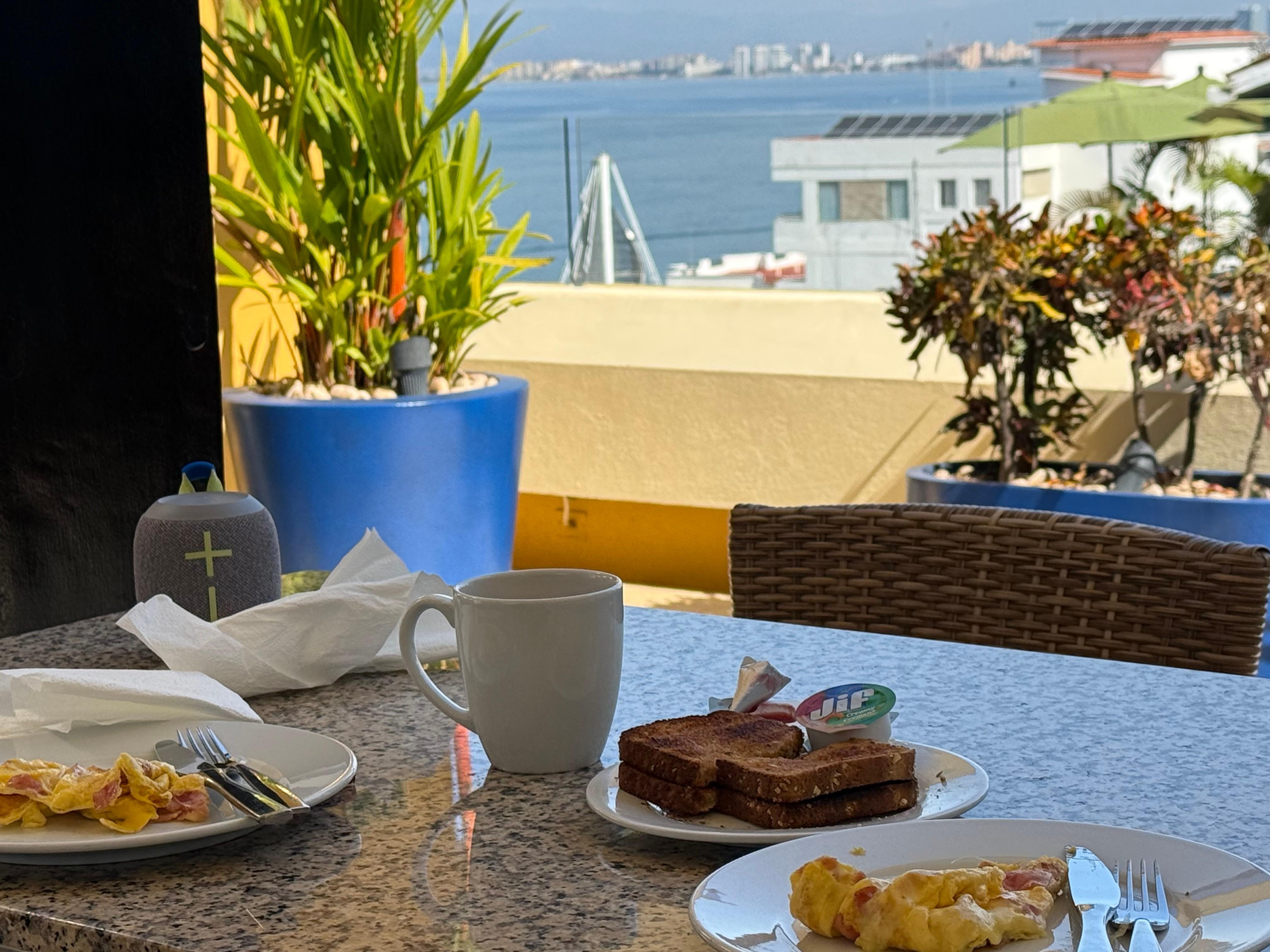 Breakfast on the rooftop patio. 