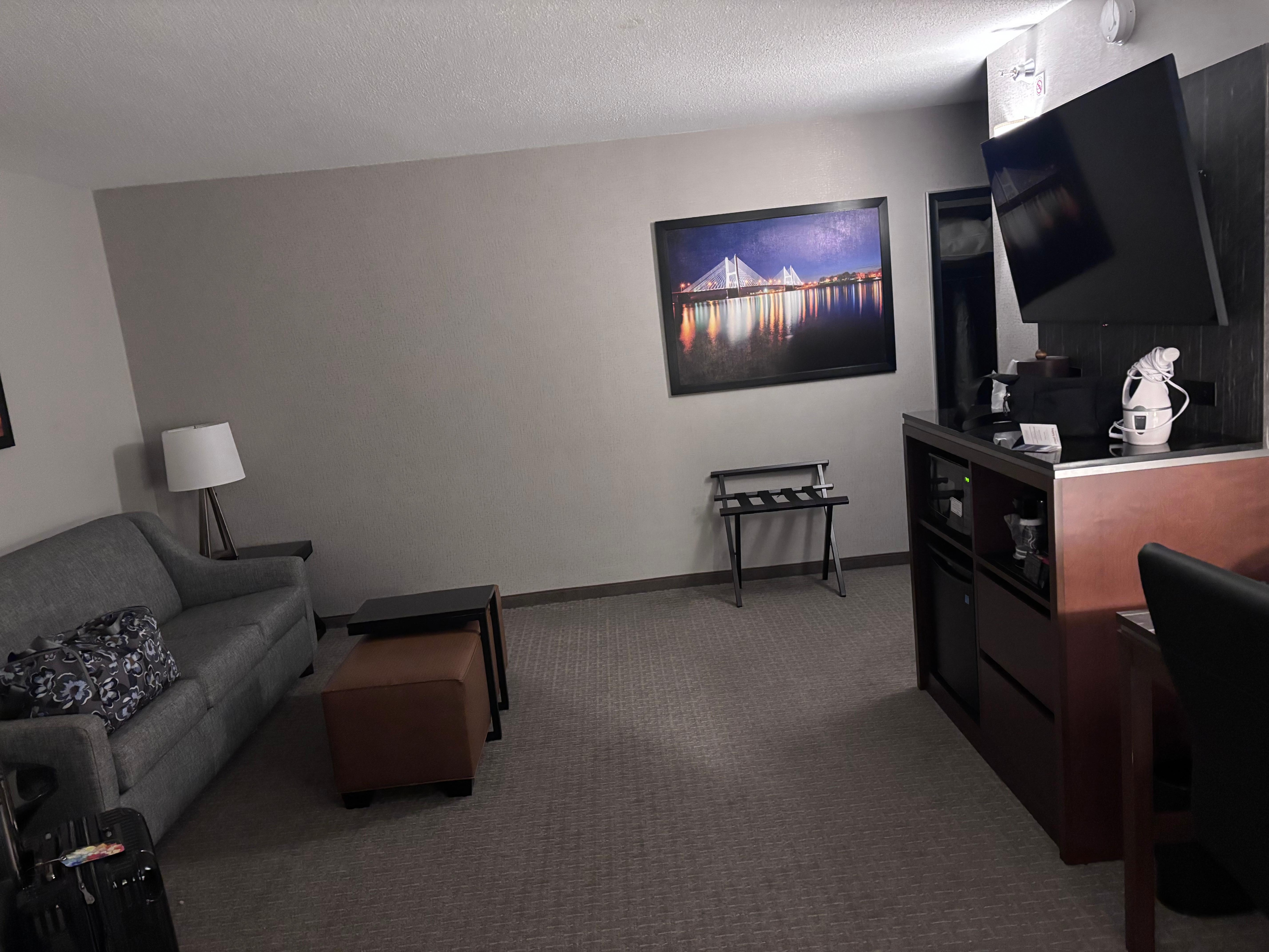 Living area of suite with pull out couch bed