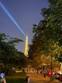 Light show of Eiffel Tower from outside the hotel