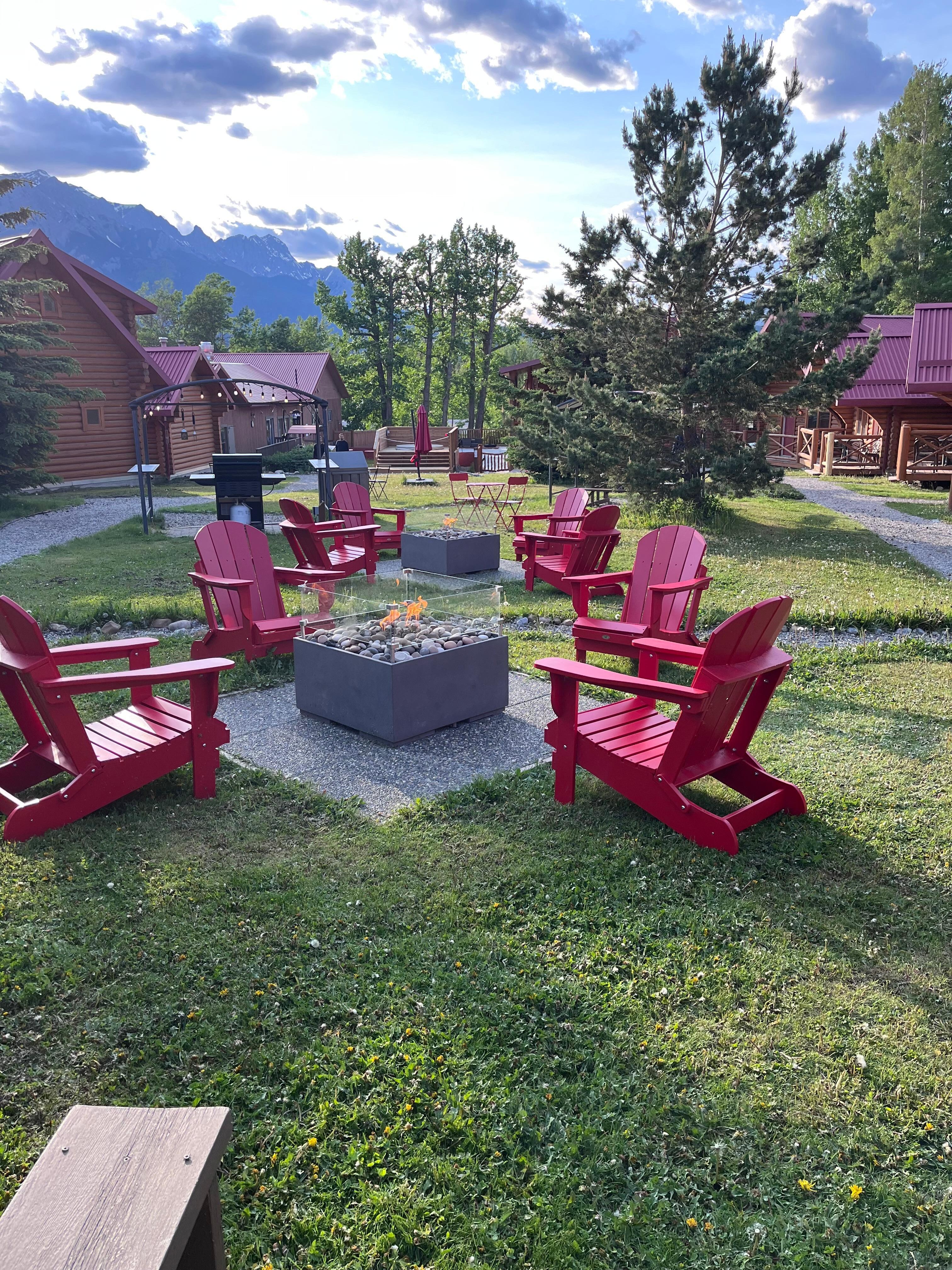 The outdoor seating and fire pit area