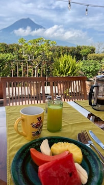 Delicious breakfast with an amazing view of the volcano.