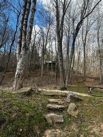 Looking up at the cabin from the river