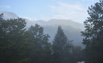 View from the back of the house of the fog lifting.