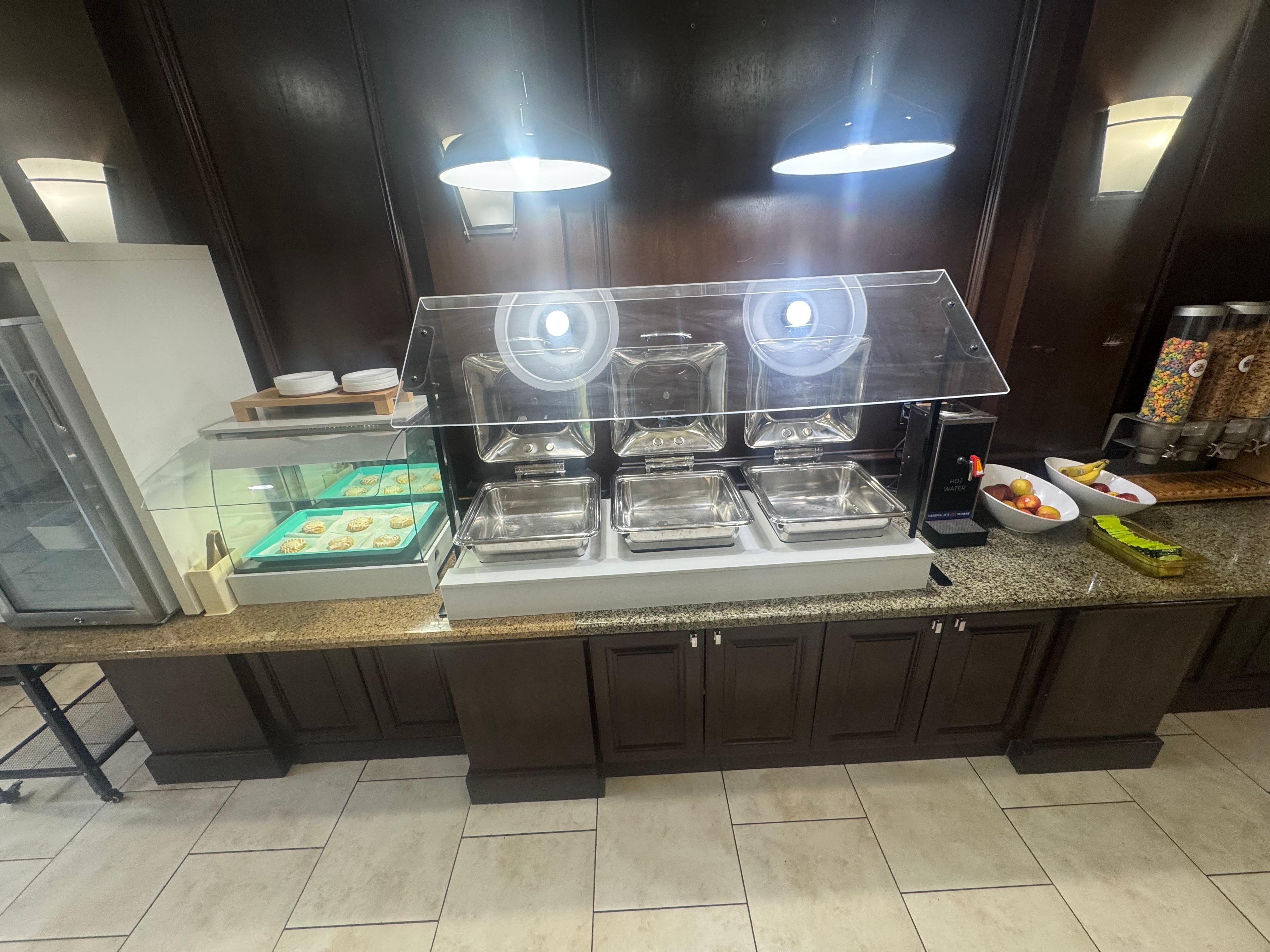 No hot foods available for breakfast. Bagels were hard as rocks and inedible. We ended up just eating cereal and fruit. 