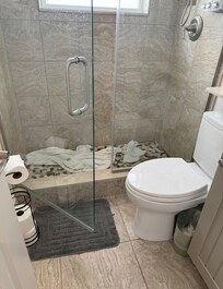 This is the 6x10 bathroom we were given to use when we thought we were getting a master bathroom in the master bedroom. The shower door barely misses the toilet. A few of the towels were stained a dirty black.