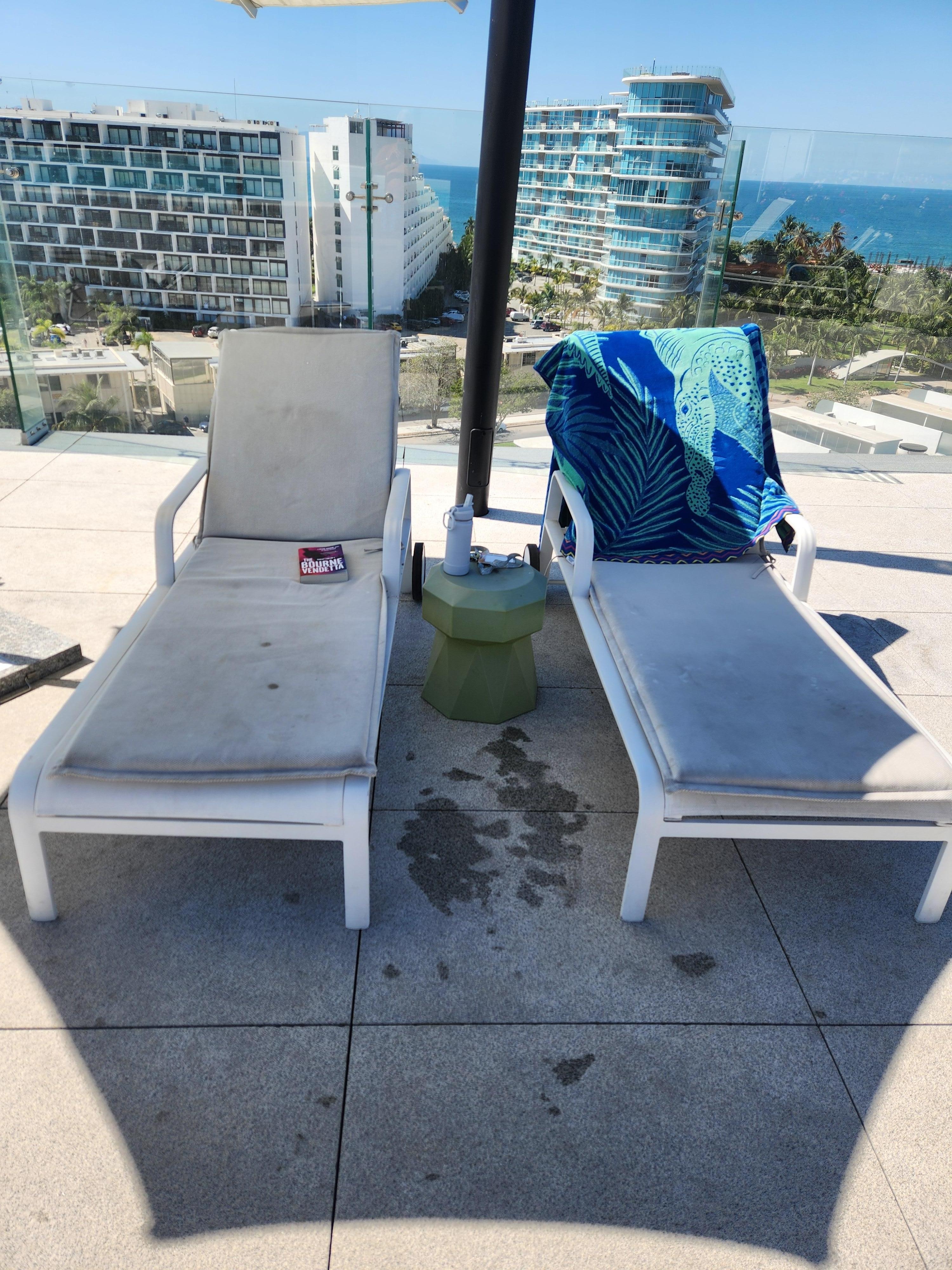 Rooftop pool seating.