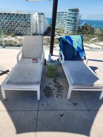 Rooftop pool seating.