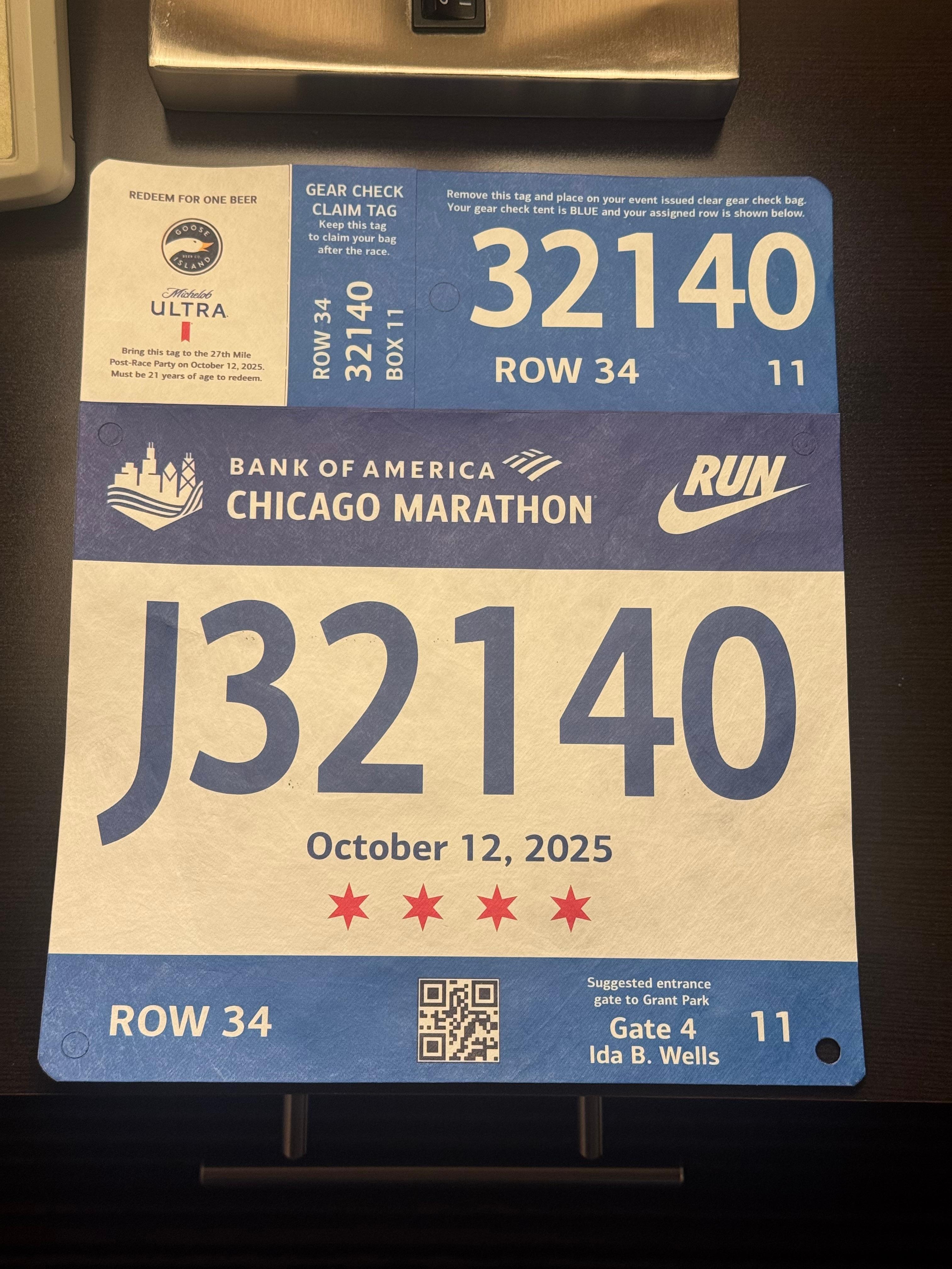 My Chicago Marathon bib on a table!