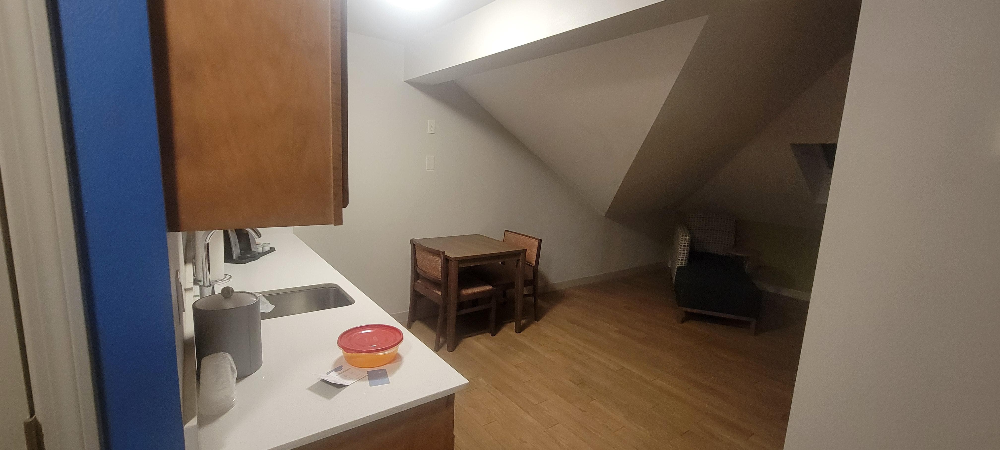 Kitchen area with multiple cupboards, sink, microwave, countertops, fridge. As well as the lounge chair below the skylight.