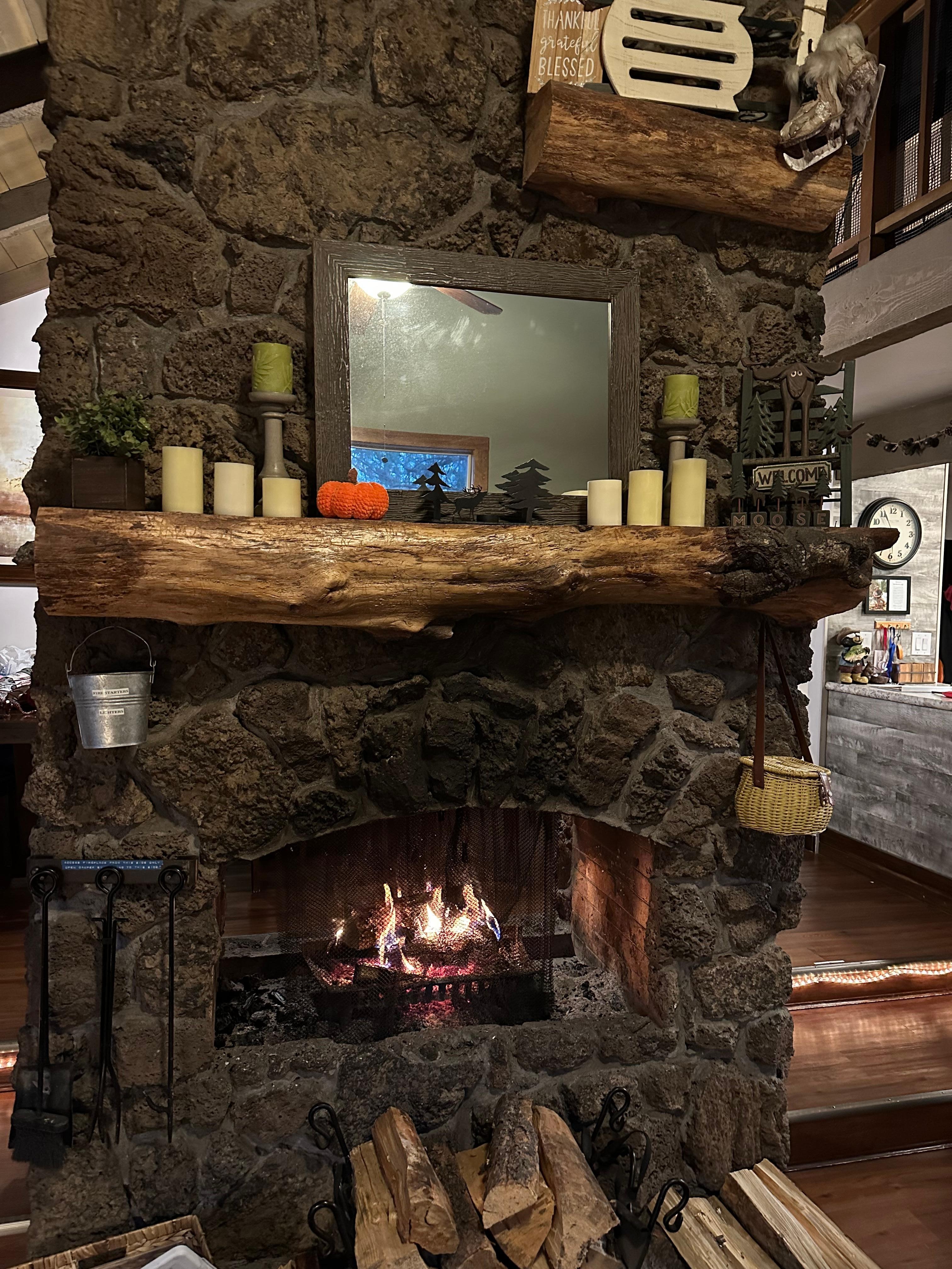 Double sided fireplace with pumpkin