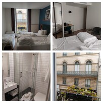 Hotelzimmer, Bad und Blick aus dem Fenster