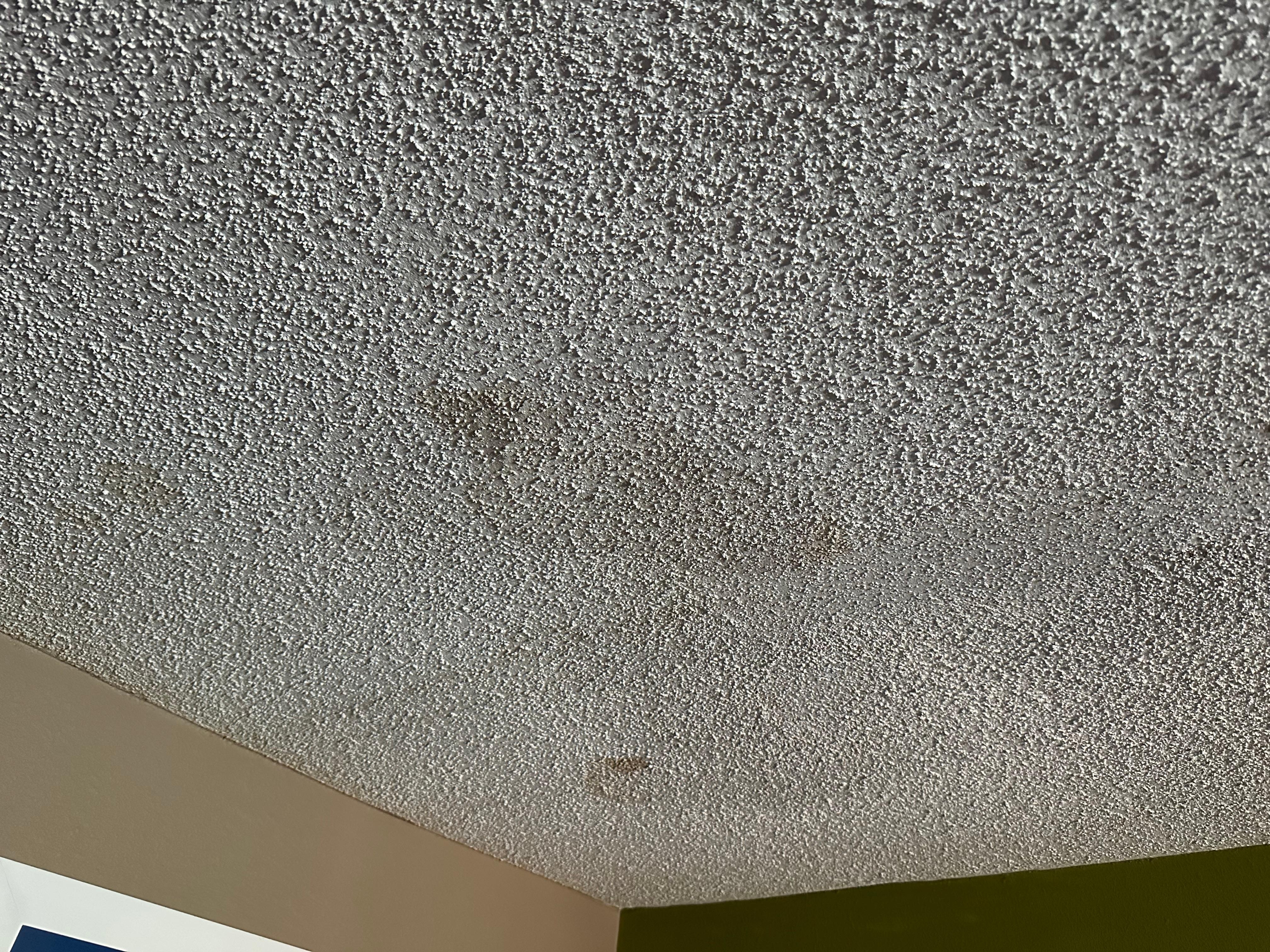 The ceiling has multiple water marks in is cracking
