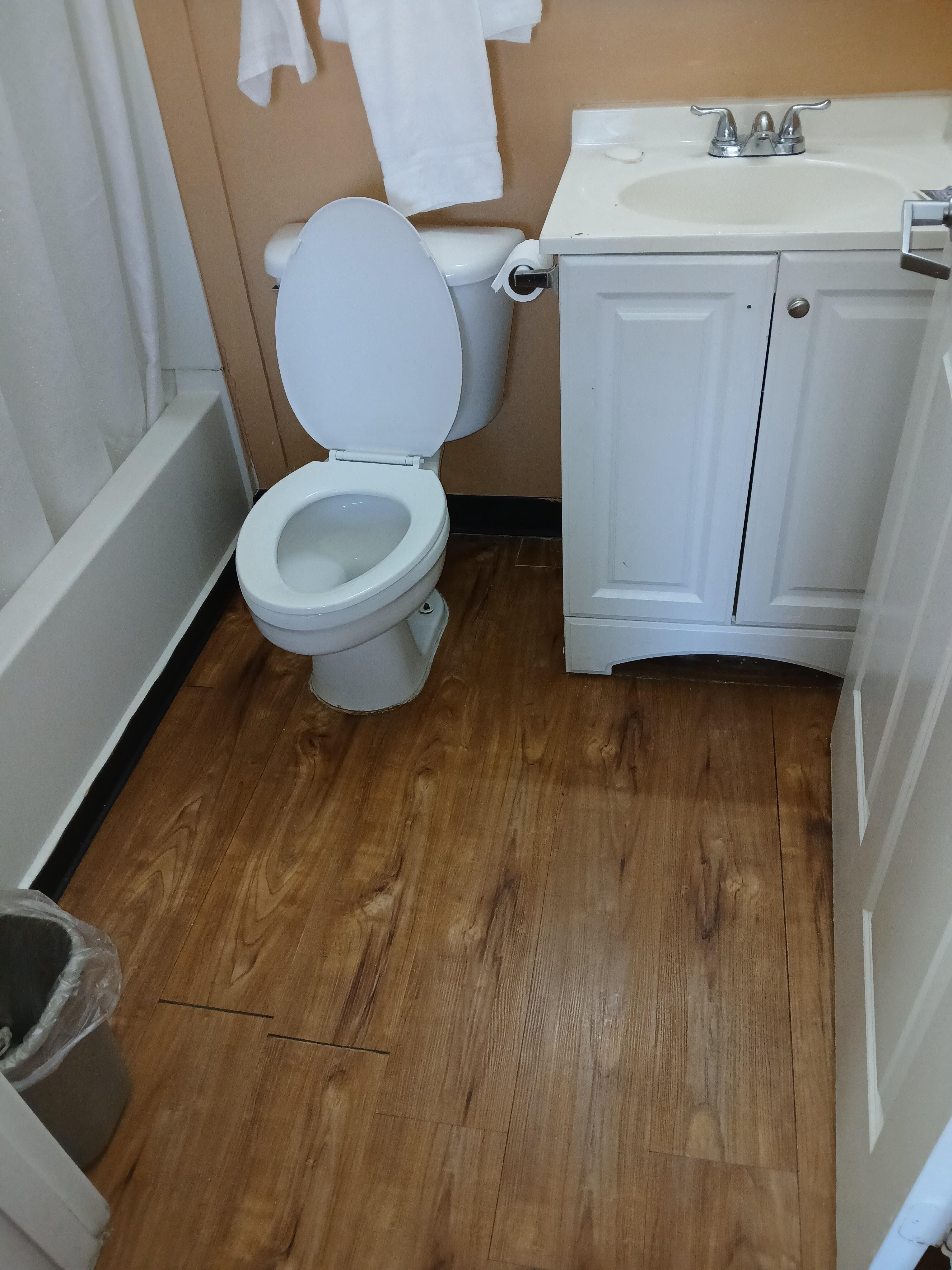 Bathroom lacking care. Missing cabinet knobs. Toilet too low to the floor for adults. Lack of enough towels. 