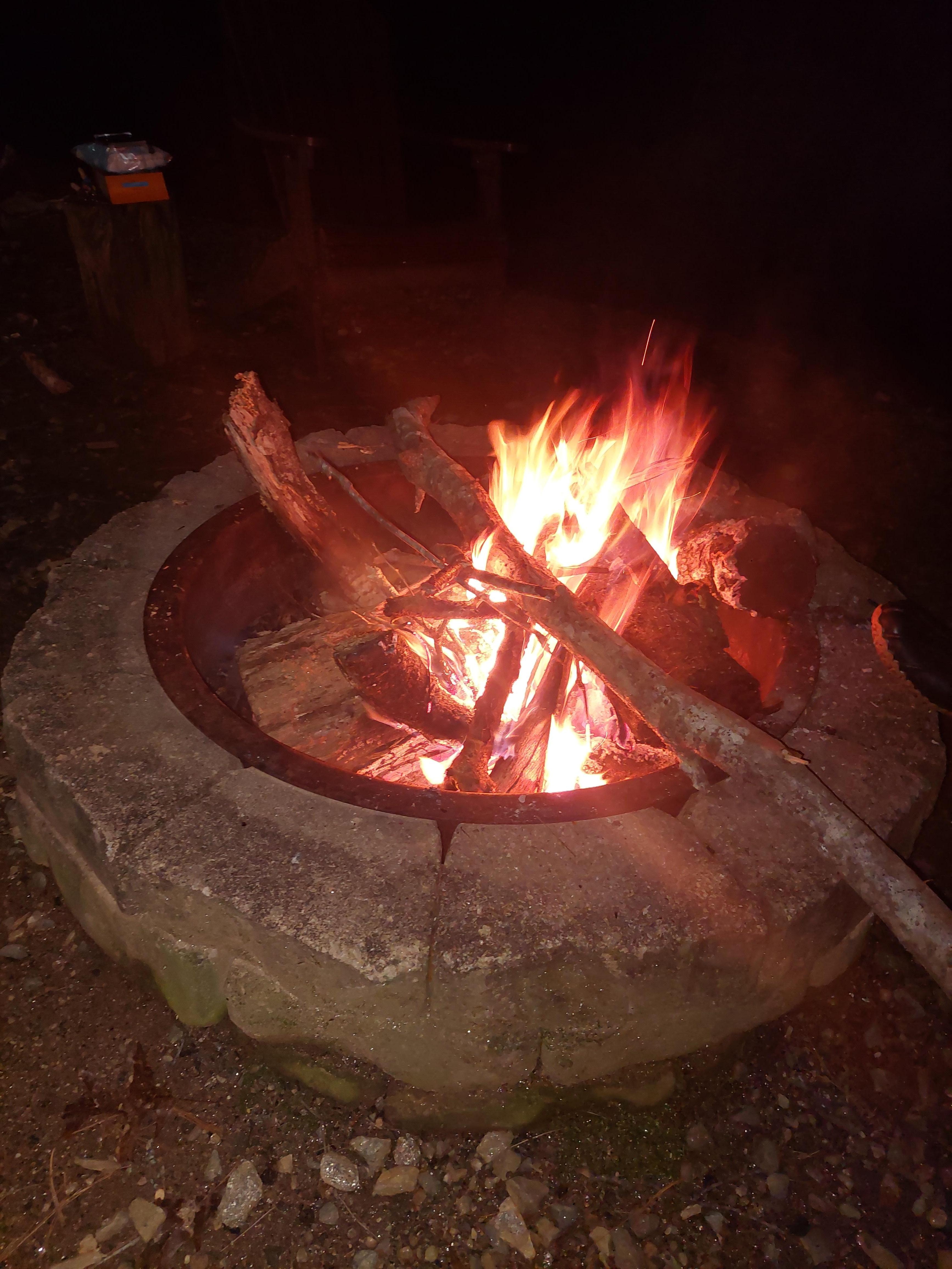 Evening camp fire, making s'more 