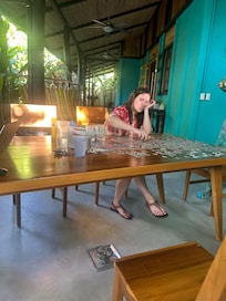 This is the outdoor dining, we spent a good amount of time, puzzling and playing cards out here. Outdoor fans really helped move the air.