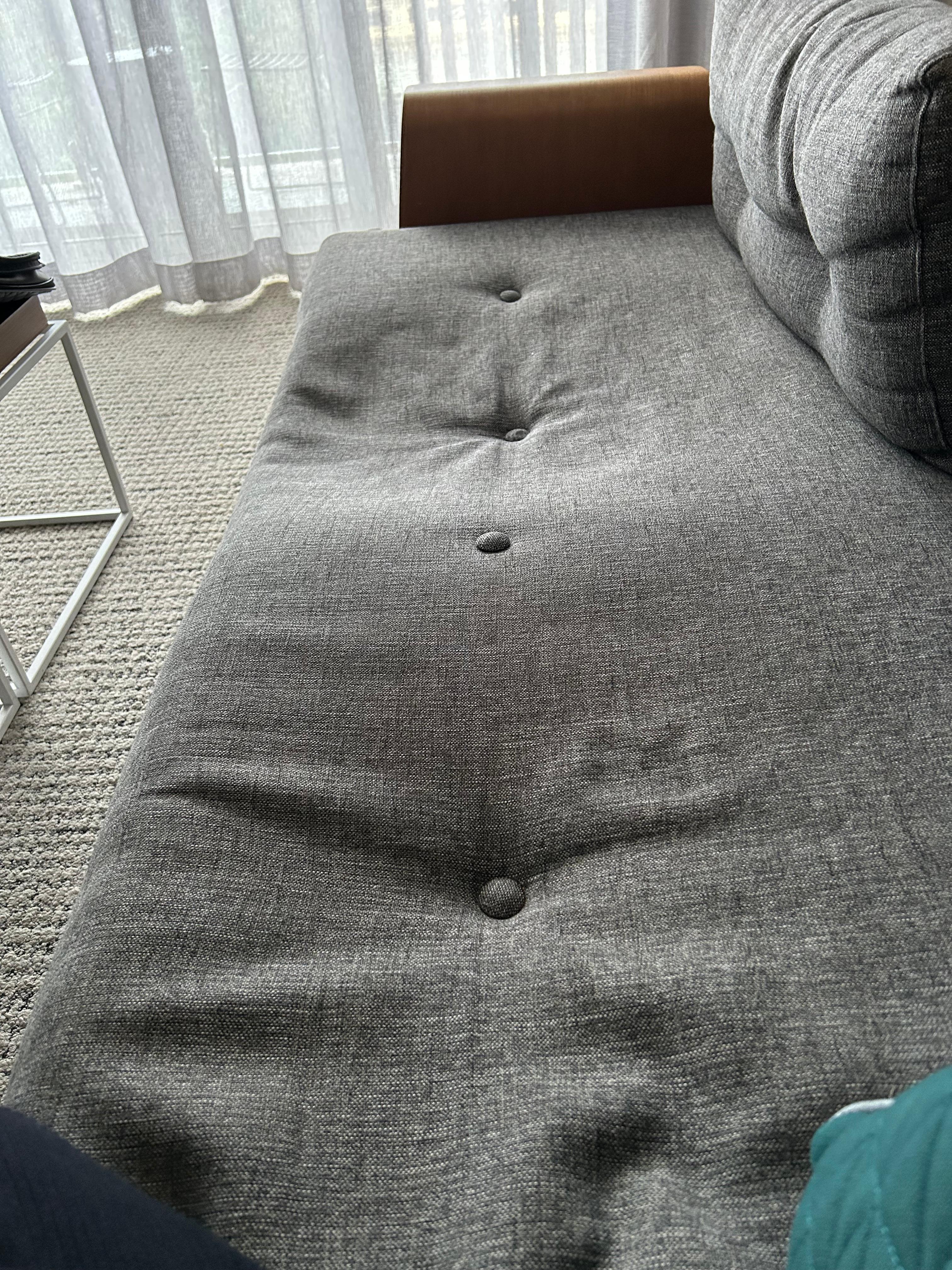 Worn couch with flat cushioning , could feel frame underneath and quite uncomfortable 🥴 